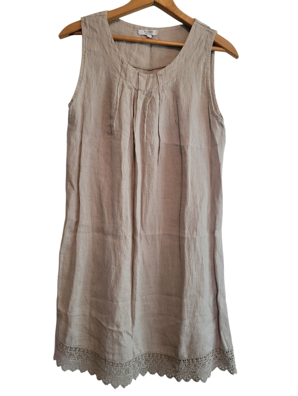 Rosemarine 100% Italian Linen Tan Shift Dress Size Small Crochet Hemline